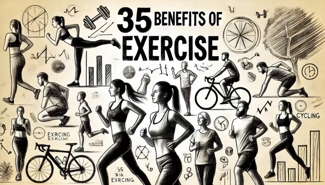 Illustration highlighting 35 benefits of exercise, including improved physical health, enhanced mental well-being, increased energy levels, better sleep, weight management, and reduced stress. Discover how regular physical activity can transform your life.